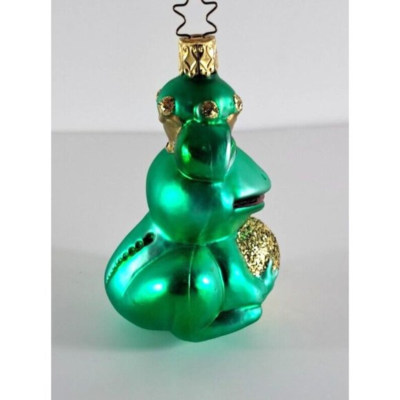 Blown Glass Inge Frog King Christmas Ornament Green Gold Crown Germany Retro - Picture 2 of 4